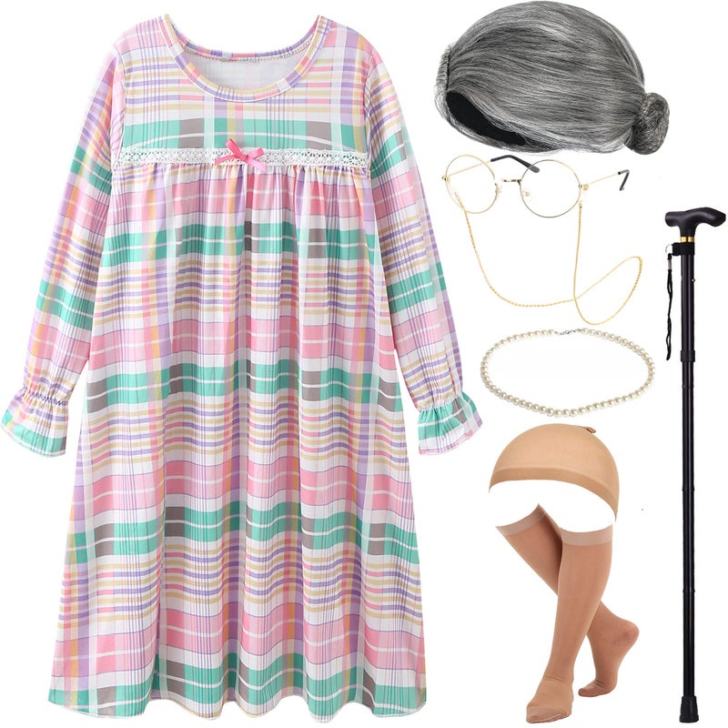 EBYTOP Old Lady Costume for Kids 100th Day of School Costume Wig 100 Year Granny Glasses Grandma Little Old Women Cane Accessories 4-6 Years - Image 1